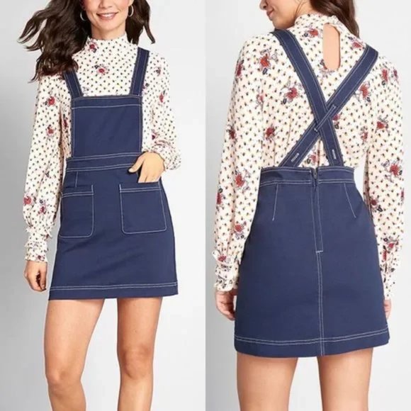 NWOT ModCloth “Yes I Twill” Dark Wash Denim Overall Mini Dress Jumper Pinafore 6 - Picture 1 of 3